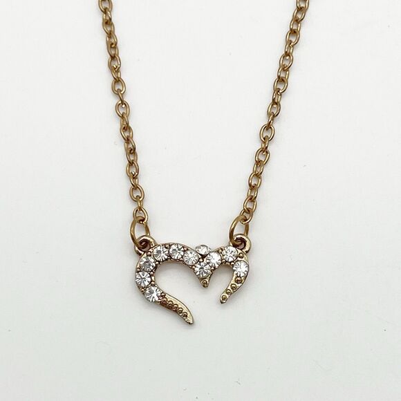 Dainty Gold Tone Clear Rhinestone Open Heart Pendant Fashion Necklace 20” - Picture 1 of 6